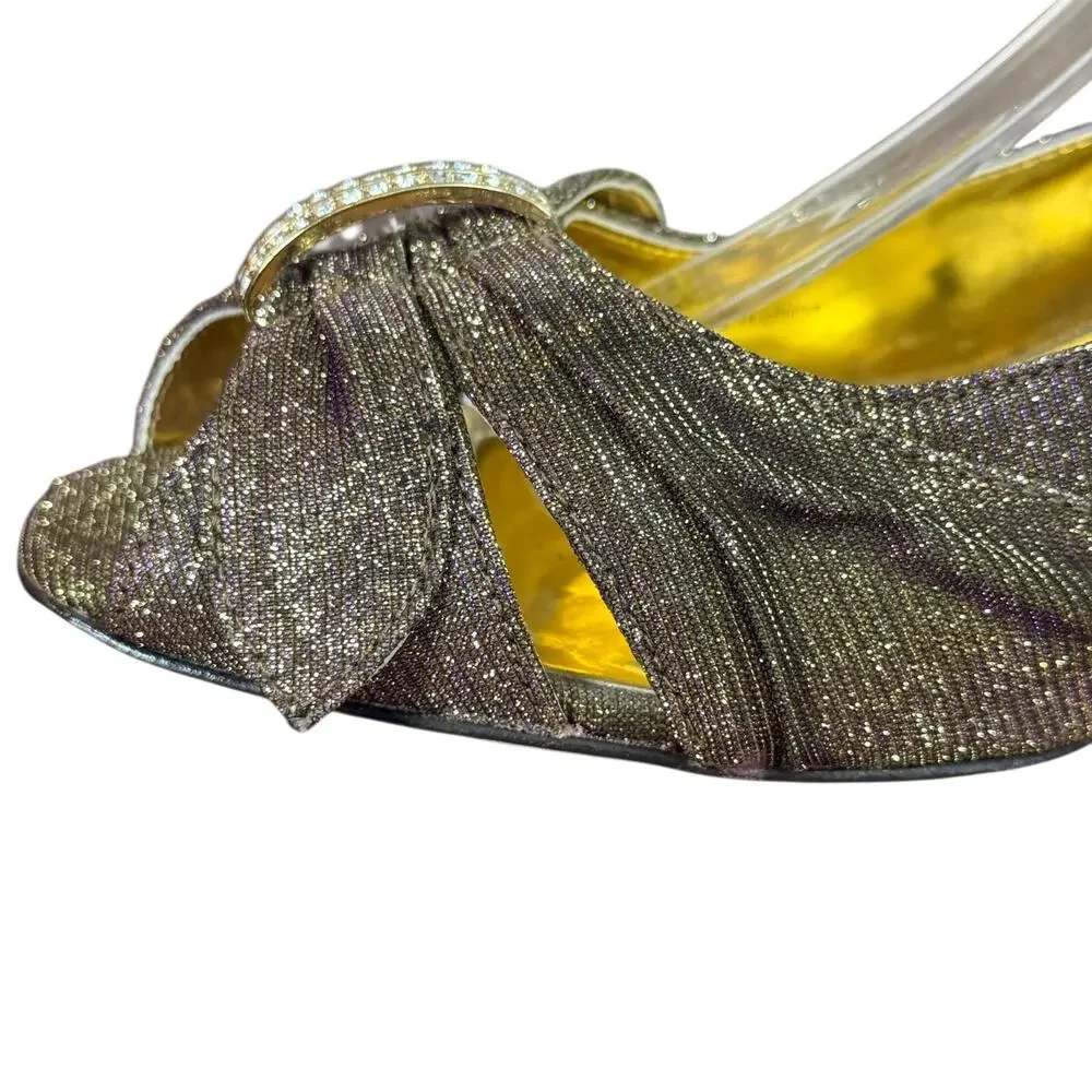 J Renee Metallic Gold Purple Slingback Peep Toe Heels Shoes Leather Sole sz 11
